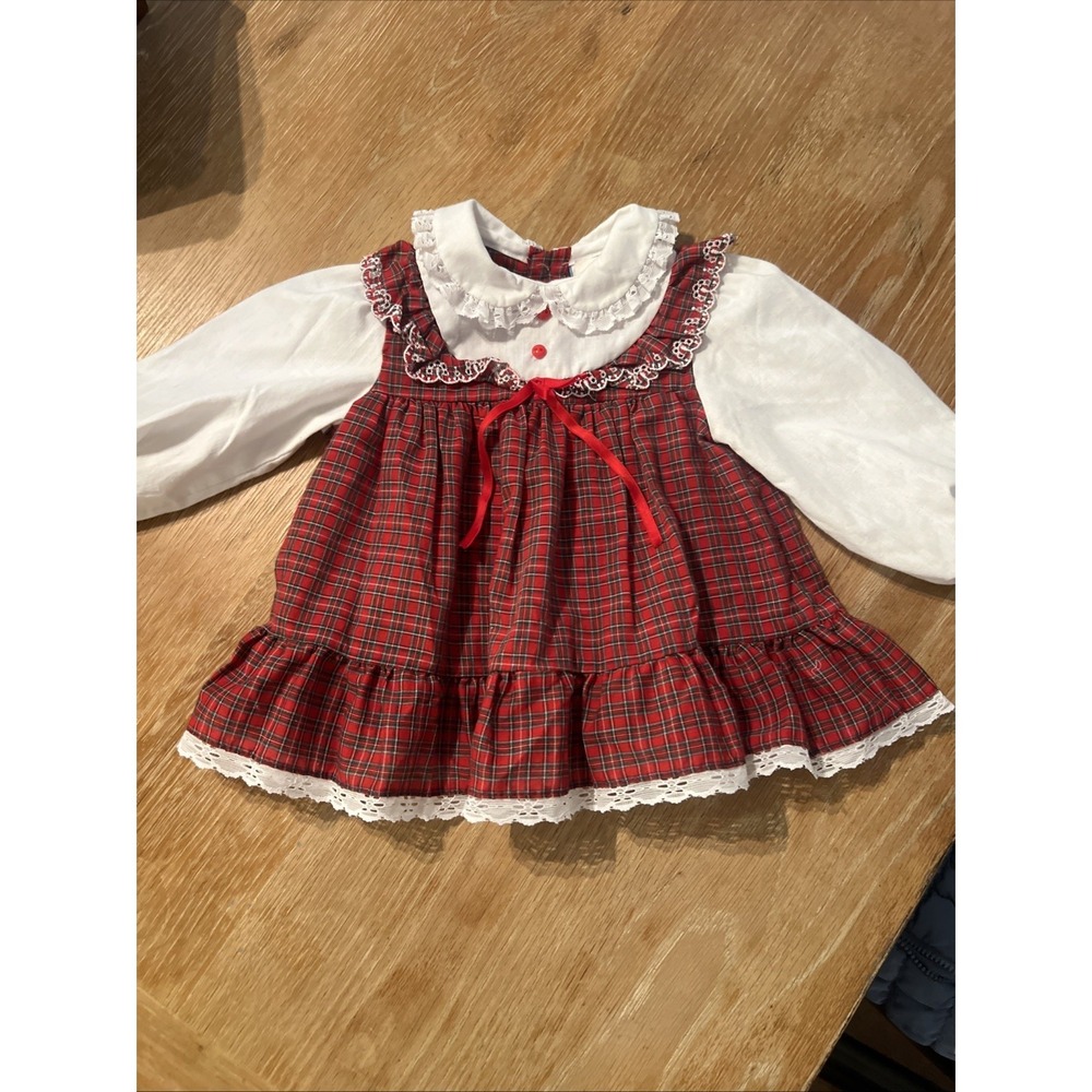Mothercare Vintage Plaid Dress Toddler 18M Tartan Ruffle Lace Christmas Red